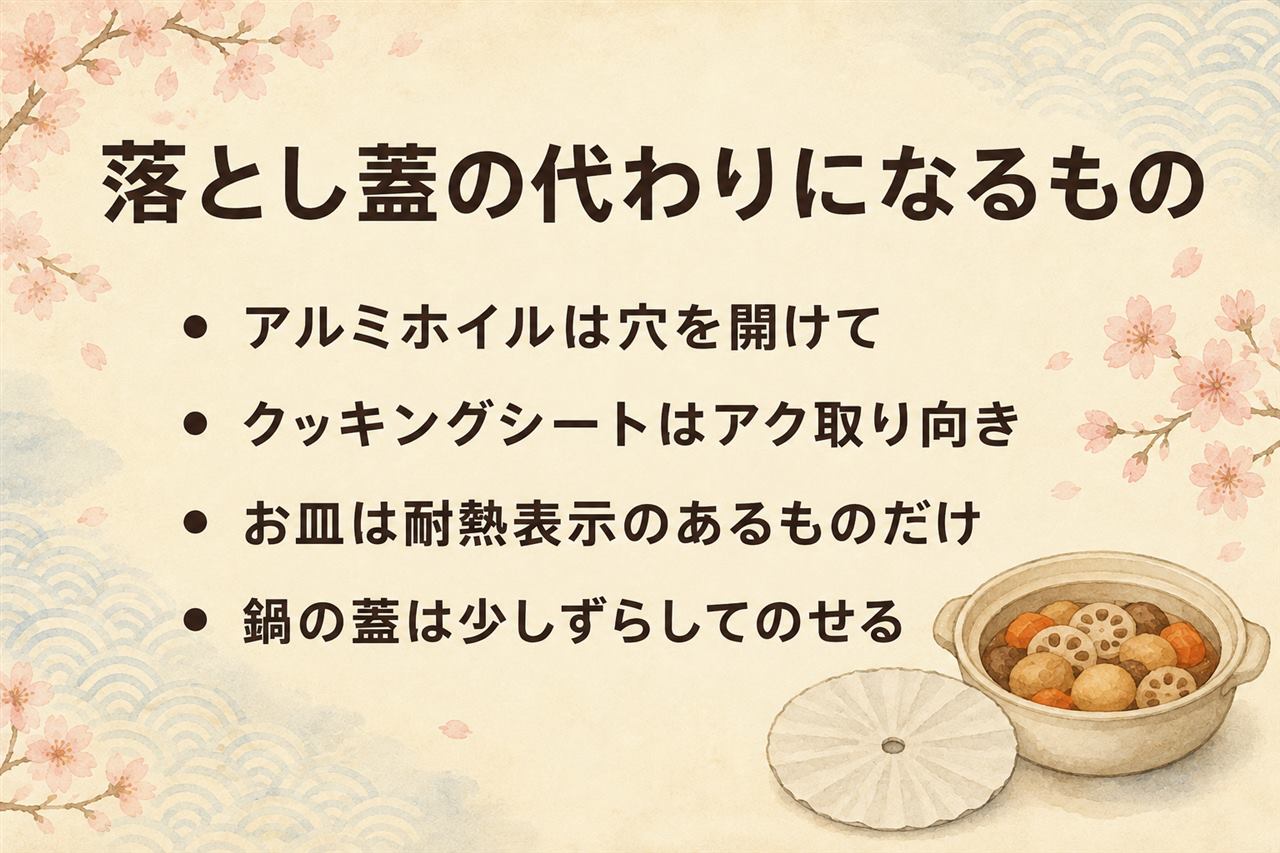 落とし蓋がない時の代用カード:迷ったらアルミホイルを丸めて広げて穴を開ける、煮魚はアクを吸うクッキングシート、たけのこ茹では浮かない耐熱皿(耐熱表示のない皿と急冷はNG)、鍋の蓋はずらしてのせて蒸発調整だけの代役に