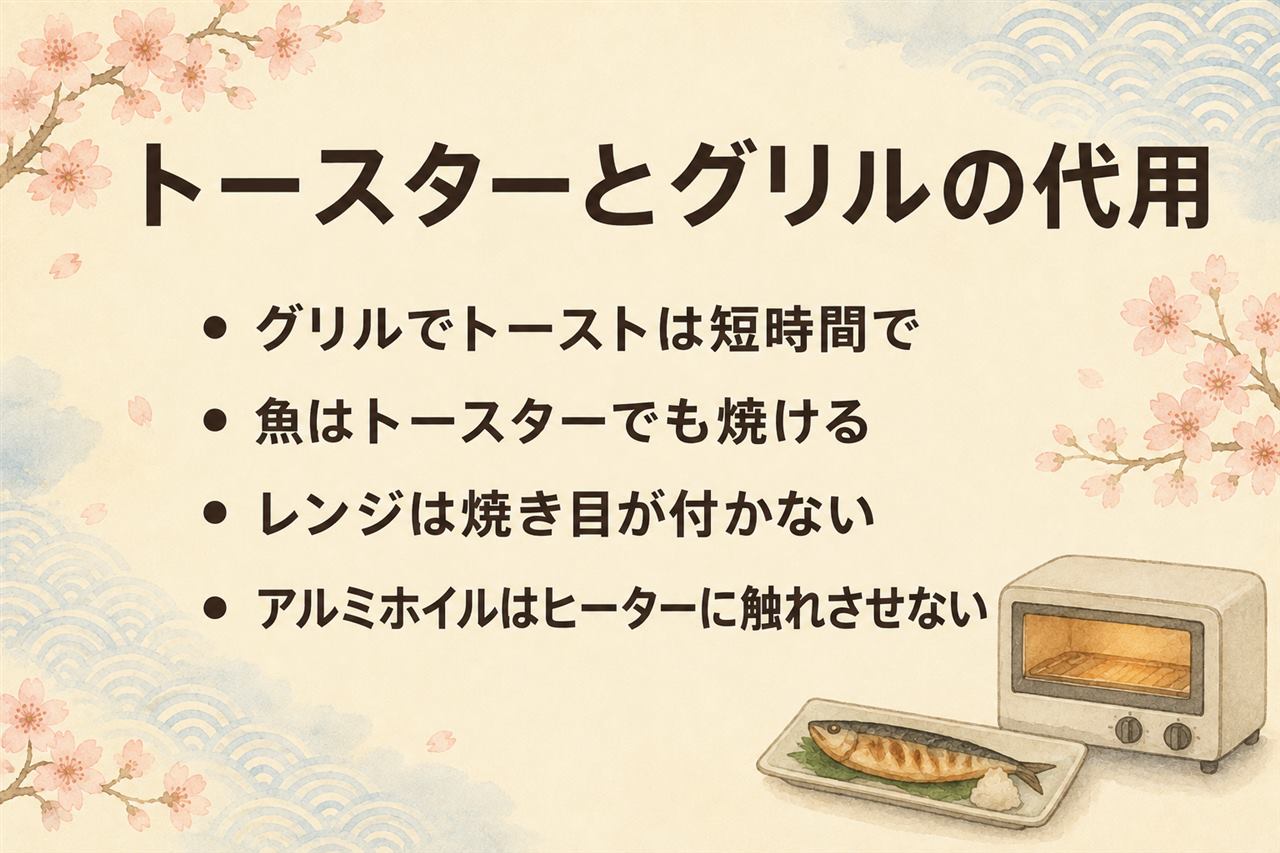 トースターとグリルの相互代用カード:グリルでトーストは予熱30秒+1分半で焦げ番必須、トースターで魚はアルミホイルの受け皿が必須でヒーター接触は厳禁、オーブンは予熱の壁でトースト不向き、フライパンはフタで外カリ中もち、レンジは焼き目が付かず代用不可