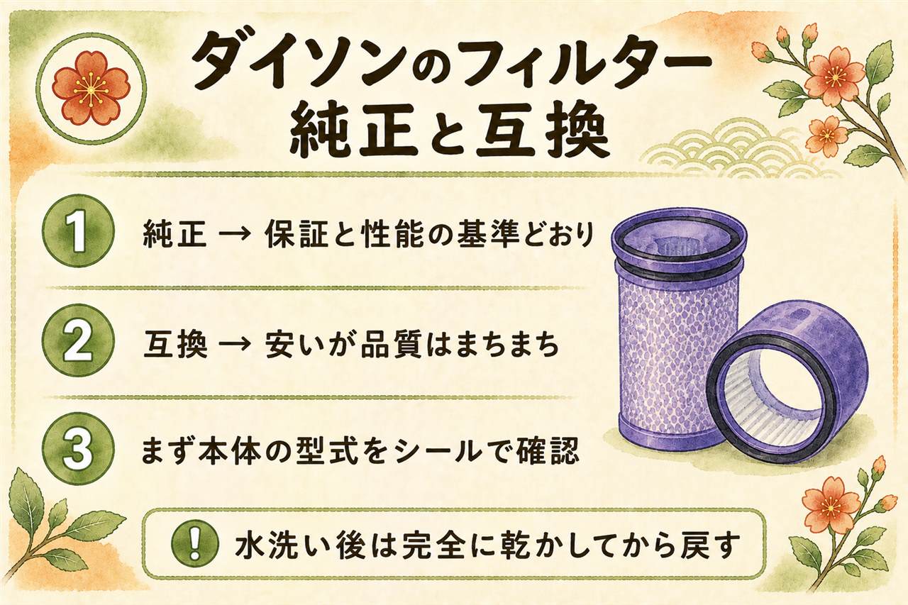 ダイソンフィルターの純正と互換の違い早見カード:純正は本体ごと性能を設計し保証の前提になる、互換は価格が手ごろだが保証対象外になりうる、掃除機フィルターは月1回水洗いで24時間乾燥、空気清浄機のフィルターは洗えず交換式
