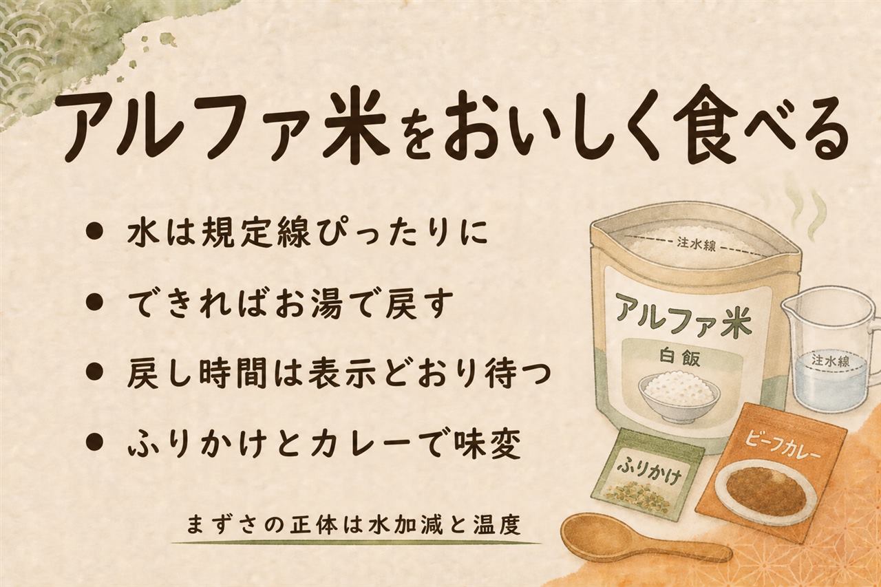 アルファ米をおいしく食べるカード:まずくなる原因は水加減・温度・戻し時間の3つ、お湯なら約15分で水なら約60分の目安表、脱酸素剤を出して前後2回混ぜる手順、ふりかけ・カレー・雑炊の味変アレンジ、戻す水は必ず飲める水を使う注意
