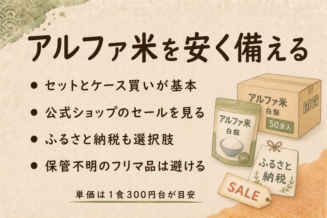 アルファ米を安く買うカード:1食300〜400円前後の相場目安、公式セット・ケース買い・ふるさと納税・訳あり品・防災コーナーの5ルート比較、人数×日数×3食の必要量計算、保管状態のわからないフリマ品は買わない注意、ローリングストックで捨てない管理