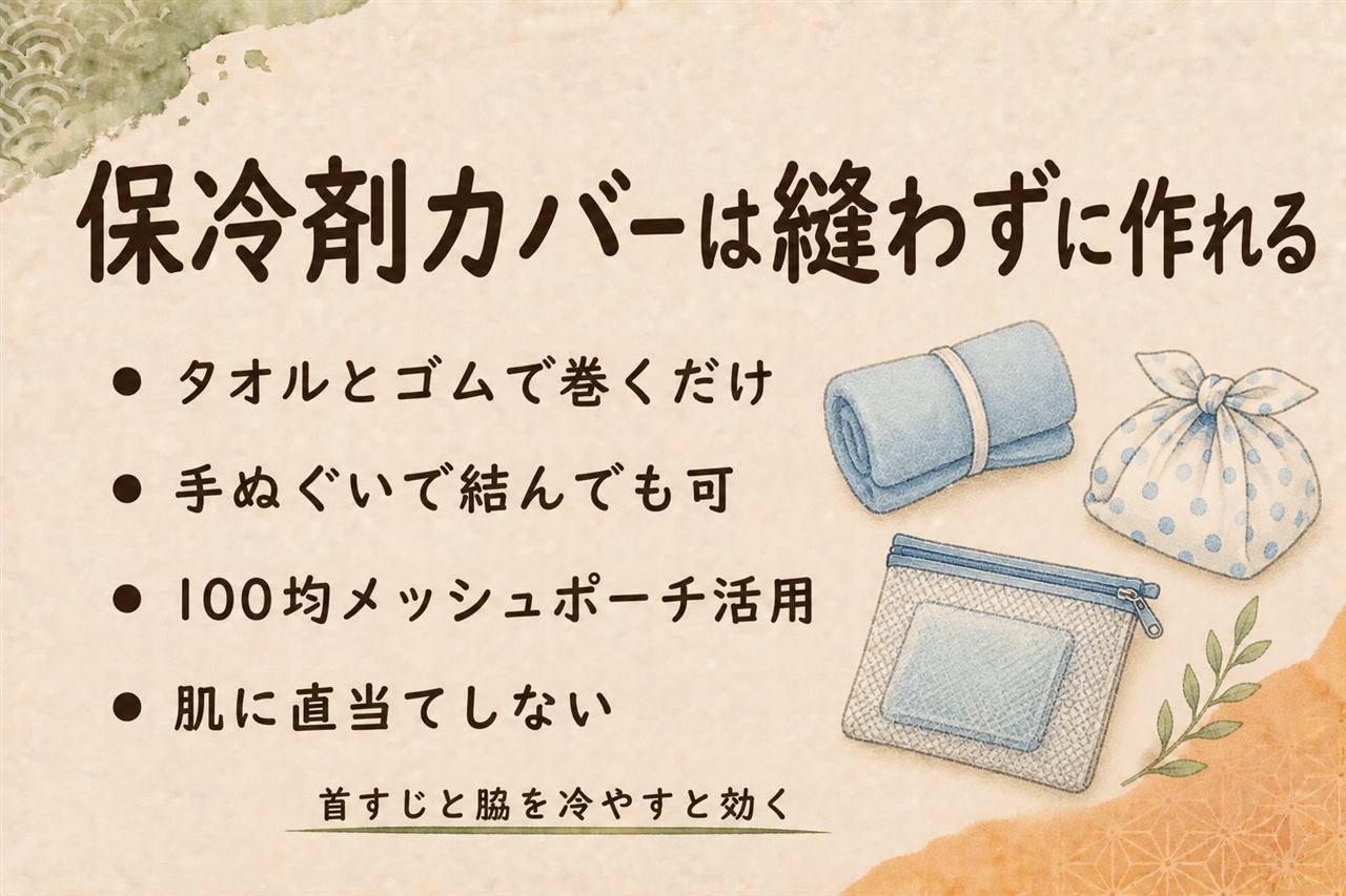 保冷剤カバー手作りの早見カード:当てる場所は首すじ・脇の下・そけい部、縫わずに作るならタオルとヘアゴム・手ぬぐい包み・100均メッシュポーチ、肌に直当てせずタオル1枚はさみ同じ場所は15〜20分目安、意識がもうろうとする時は迷わず救急へ