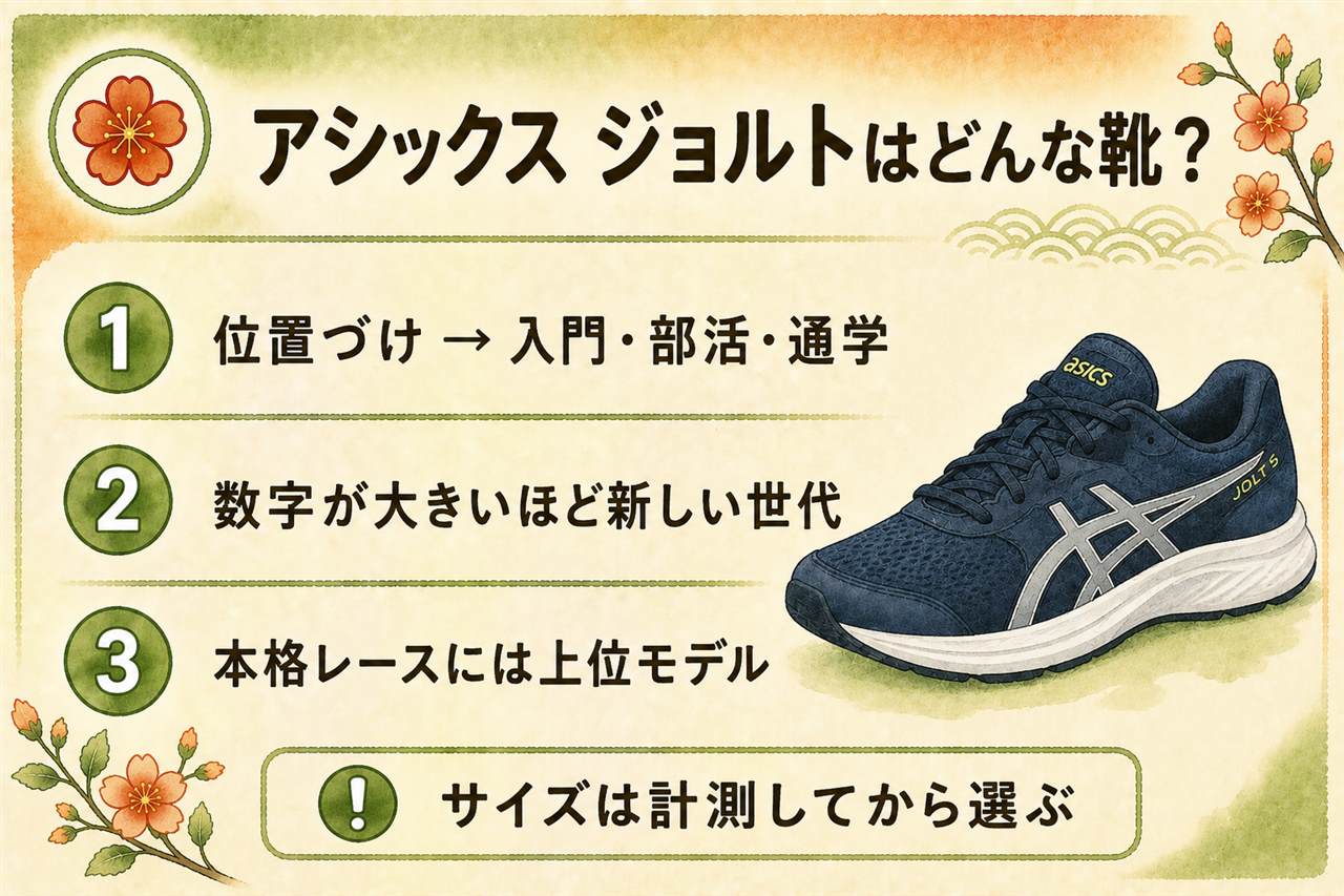 アシックス ジョルトの選び方カード:JOLTは部活・通学・初ランナー向けの入門モデル、JOLT 5は現行でEVAミッドソールとOrthoLite中敷き、JOLT 4は型落ちでサイズが合えばあり、長距離はニンバスやカヤノへ、足が痛いときは専門店で計測