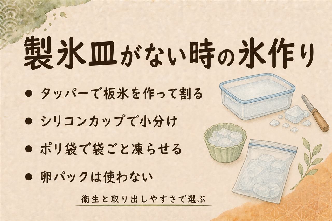 製氷皿の代用早見カード:タッパーは板氷を作って割る、シリコンカップは小分けに強く離乳食と兼用できる、ポリ袋は平らに凍らせて割る、卵パックはサルモネラ菌の心配があるため氷作りには使わない