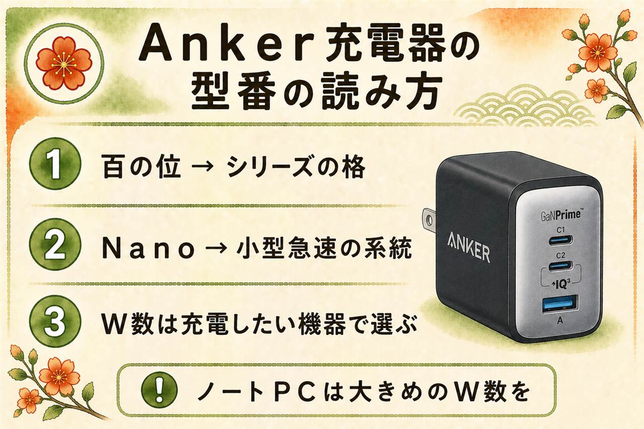 Anker充電器の選び方カード:型番3桁は百の位がシリーズの格・十の位がポート数・一の位が性能世代、カッコ内の名前とW数をセットで確認、充電したい機器から必要なW数を逆算して選ぶ