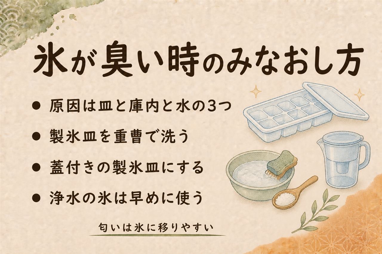 製氷皿の氷が臭い時の早見カード:原因は皿への匂い吸着・冷凍庫の匂い移り・水の雑菌の3つ、対策は重曹や酢水での洗浄・蓋付き製氷皿と密閉・浄水の氷は早く使い切る、ぬめりや黒い点はカビなのでその氷は捨てる