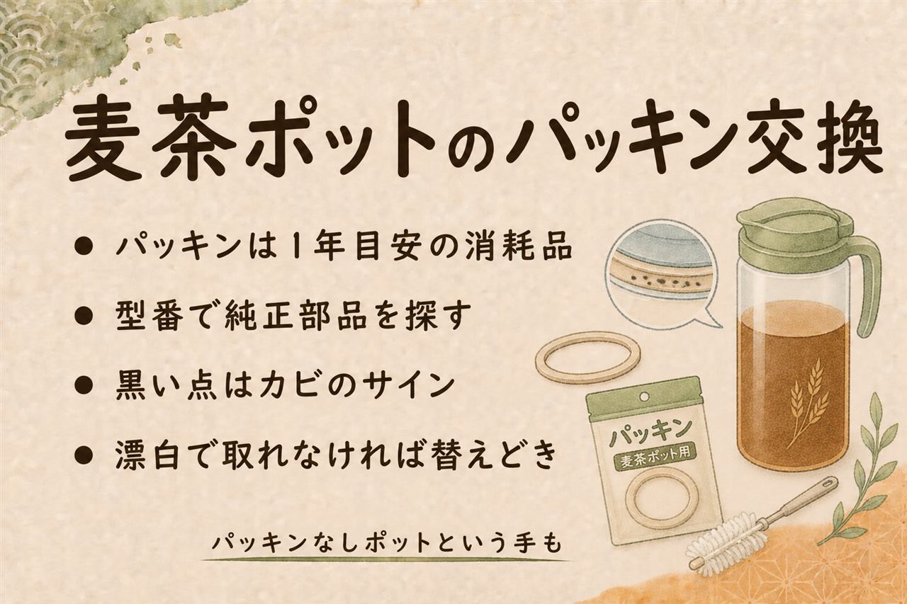 麦茶ポットのパッキン交換カード:交換の目安は1年、漂白で取れない黒い点はカビなので交換、本体の型番からメーカー部品ページで数百円で購入可能、塩素系漂白剤は混ぜない・換気・すすぎ徹底、洗いやすさ重視ならパッキンなしポットという選択肢