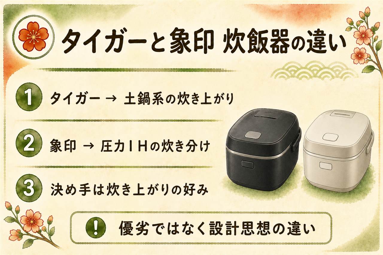 タイガーと象印の炊飯器の違い早見カード:タイガーは土鍋の遠赤効果と蓄熱で炊く素材派で土鍋ご泡火炊きが旗印、象印は複数の底IHヒーターで炎のゆらぎを再現する制御派で炎舞炊きが旗印、優劣ではなく粒立ち好きかもちもち好きかの食感の好みで選ぶ