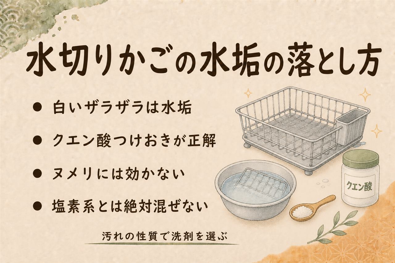 水切りかごの水垢そうじカード:白いザラザラは水垢でクエン酸つけおき(水1Lに小さじ2・1〜2時間)、ヌルヌルは雑菌汚れで台所用洗剤か酸素系漂白剤、クエン酸と塩素系漂白剤は有毒ガス発生のため絶対に混ぜない、予防は乾く前に拭く習慣
