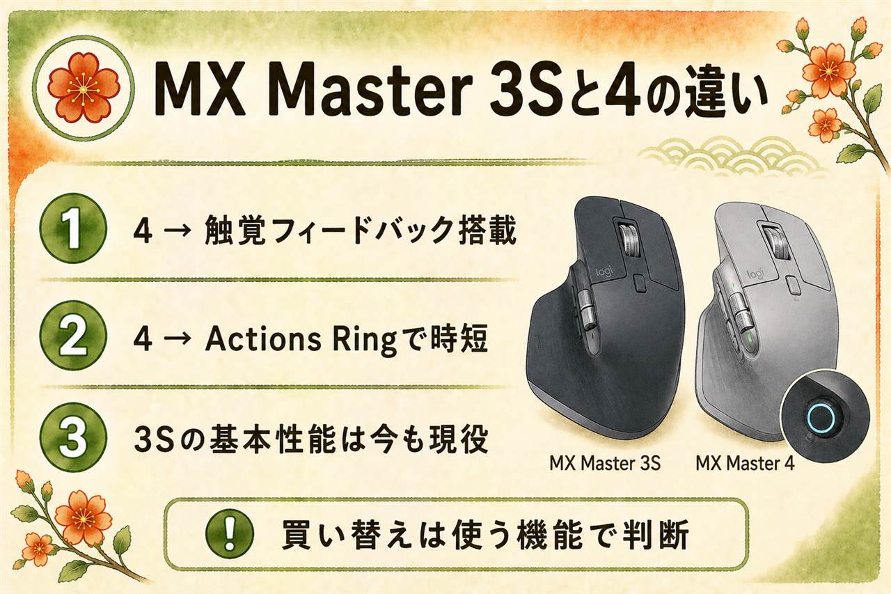 MX Master 3Sと4の違い早見カード:4の追加は親指の触覚フィードバックパネルとActions Ringで、センサー8000dpi・静音クリック・接続・電池約70日は据え置き、買い替えはショートカット多用か・手応えに価値を感じるか・今の3Sに不満があるかの3軸で判断