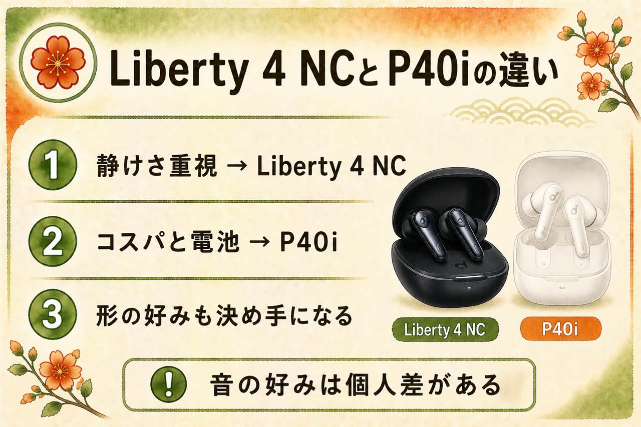 Liberty 4 NCとP40iの選び分けカード:Libertyは音とノイキャンの上位ラインでLDAC対応・パーソナライズNC、P40iは手頃な全部入りで電池長持ち・ケースがスマホスタンドに、iPhoneはLDAC非対応の注意つき