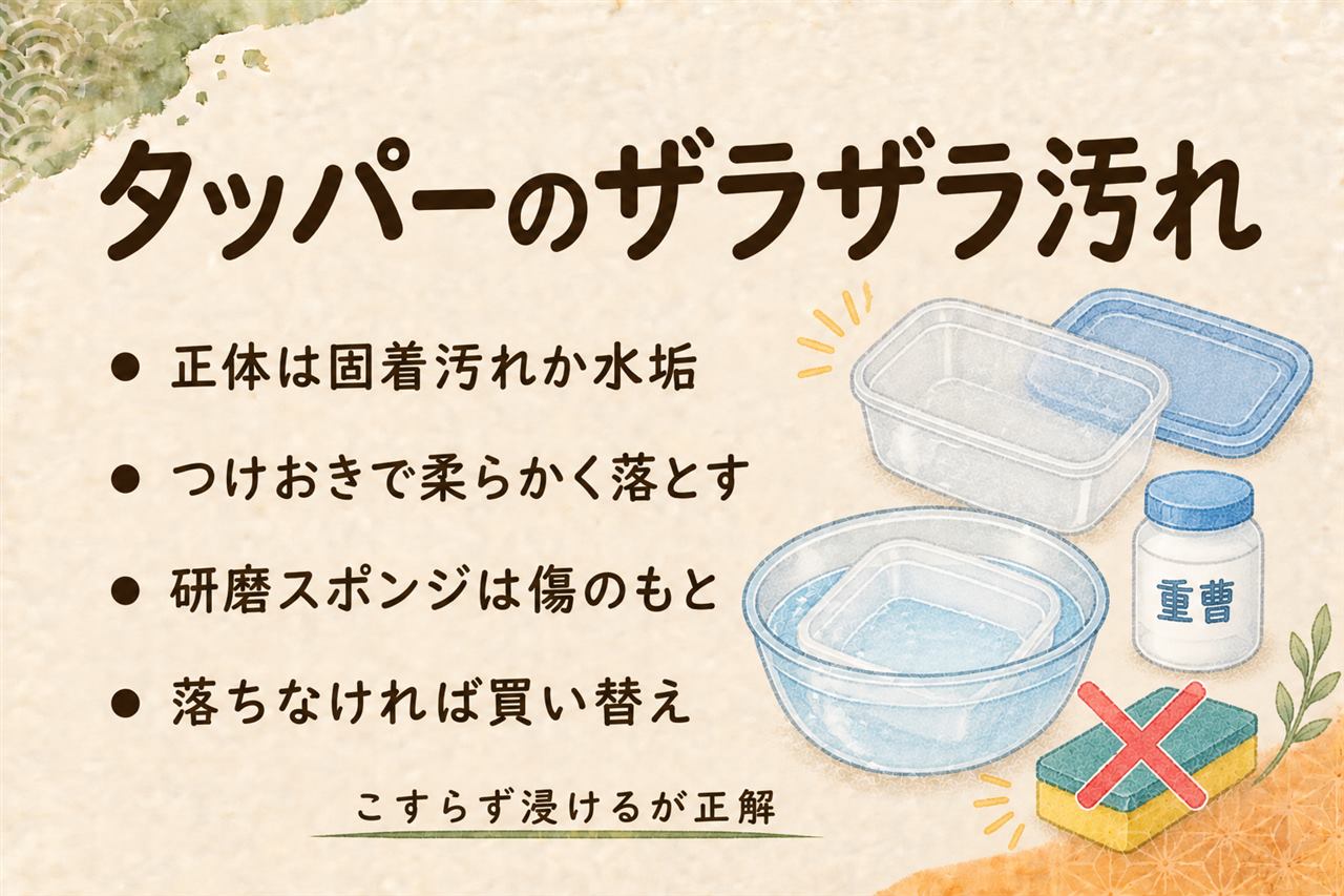 タッパーのザラザラ汚れ対処カード:食品のこびりつきは酸素系漂白剤を40〜50度のお湯で30分つけおき、水垢はクエン酸でつけおき、研磨スポンジは傷から匂いが染みる悪循環でNG、塩素系と酸は絶対に混ぜない