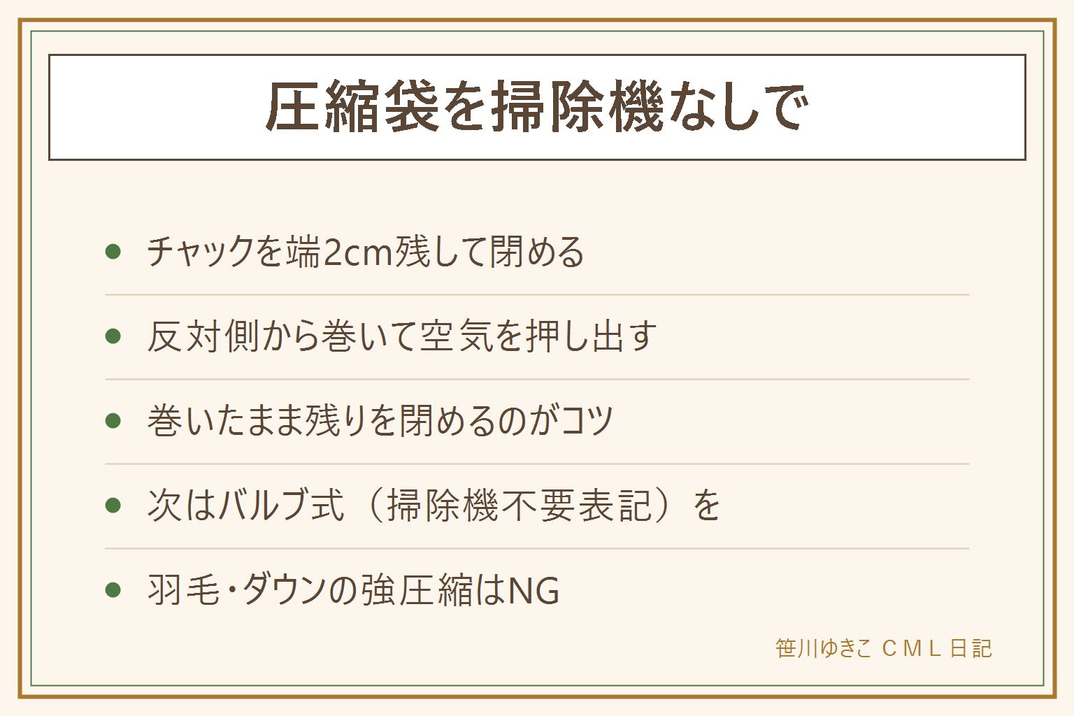 圧縮袋を掃除機なしで使うカード:チャックを端2cm残して閉め、反対側から巻いて空気を押し出し、巻いたまま閉める。次からは掃除機不要と表記されたバルブ式を選ぶと手押しだけで抜ける。空気が抜けない時はチャックの髪の毛噛み込みと角の閉め残しを確認。羽毛布団とダウンの強圧縮は羽根を傷めるのでNG、しまう前に完全に乾かす