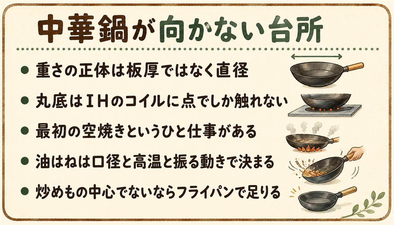 中華鍋のデメリット早見カード:重さの正体は直径で30cm約1.2kg、丸底はIHで発熱しない、収納に困る、最初に空焼きが必要、油はねの範囲が広い、洗剤と食洗機は使えない。向く台所はガス火で炒め物中心で置き場所がある家、選ぶなら板厚1.2mm前後と木の柄と30cm前後