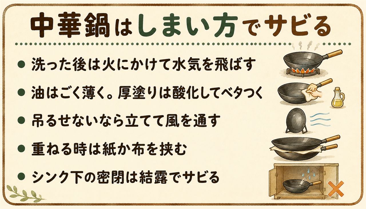 中華鍋の保管早見カード:しまう前はお湯とささらで洗い、火にかけて湯気が消えるまで乾かし、油を薄くひと拭き。置き場所は吊るすか収納スタンドで立てるのが最良、重ねる時は紙を一枚はさむ、シンク下の密閉とビニール袋での包みは避ける、長期保管は新聞紙で包んで薄い油のまま