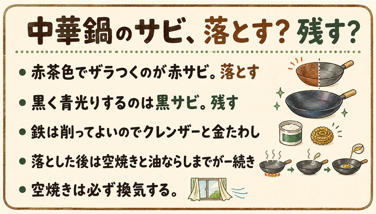 中華鍋のサビ早見カード:赤茶色でザラつき粉が出る赤サビは落とす、黒く青光りして粉が出ない黒サビは鉄を守る膜なので残す、迷ったら白いふきんでこする、落とした後はクレンザーと金たわし→空焼き→油ならし、中華鍋は薄いので短時間で全体を回す、空焼きは換気必須でIHは機種により禁止