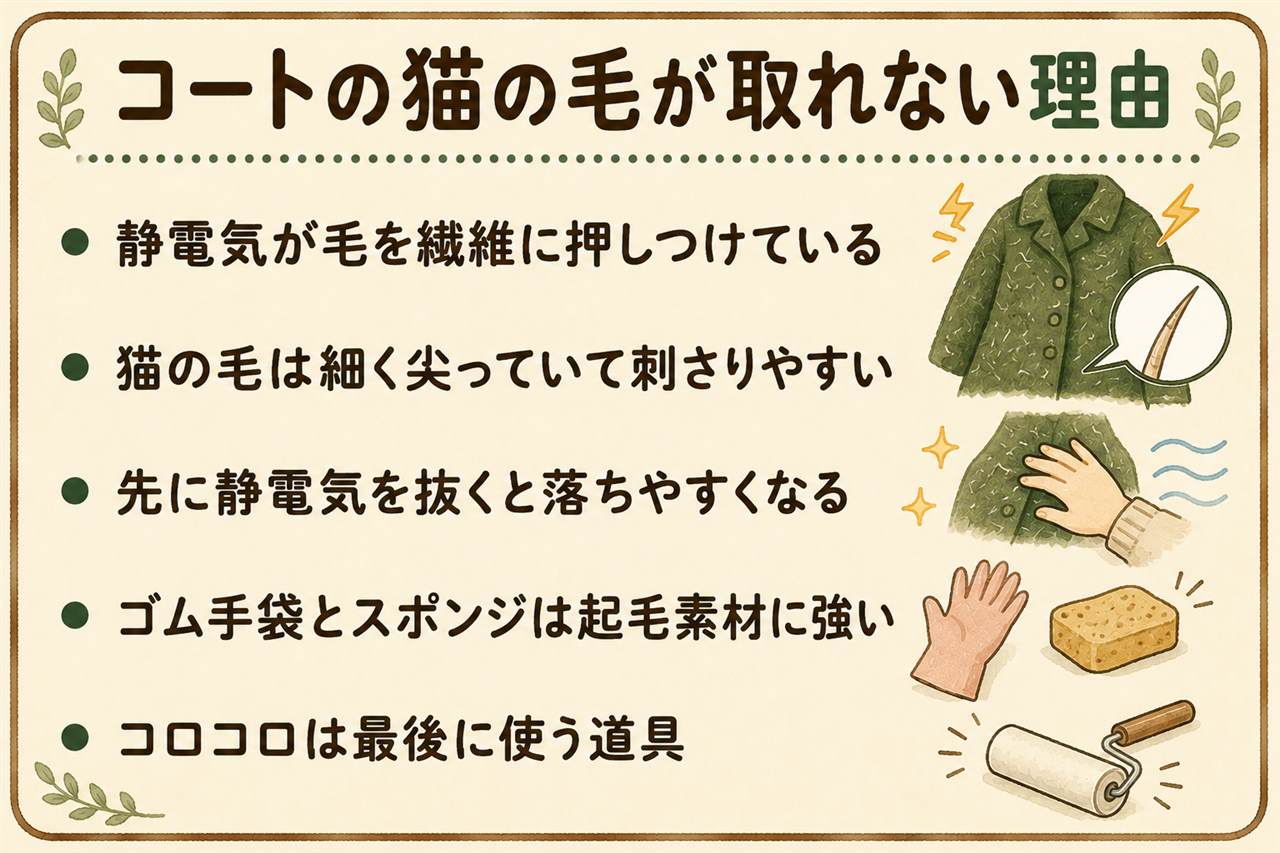 コートの猫の毛カード:取れない理由は静電気で押しつけられ細い毛が繊維に刺さり起毛の毛足がつかむため、順番は静電気を抜く、ゴム手袋やブラシで起こす、粘着ローラーで拾うの3ステップ、ウールはエチケットブラシを一方向に、ボアやフリースはゴム手袋か掃除機の弱、ダウンのナイロン面は静電気を抜くだけで落ちる、洗濯機に入れる前に乾いた状態で毛を落として単独で洗う、柔軟剤スプレーは目立たない場所で先に試す