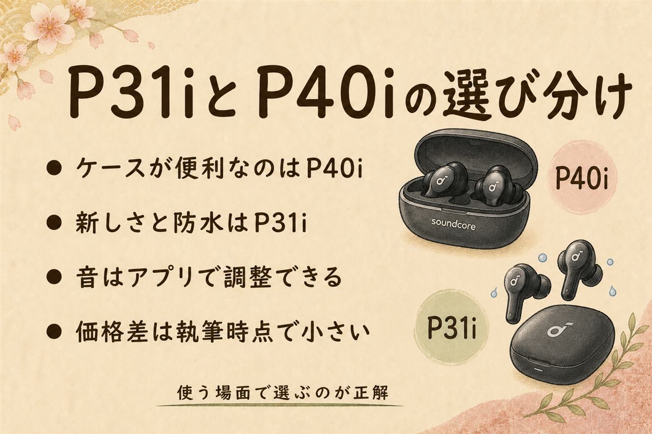 soundcore P31iとP40iの選び分けカード:P40iはワイヤレス充電とスマホスタンド付きケースで通勤や在宅会議向き、P31iは後発の新しい設計で防塵対応と軽さが持ち味でジムや初めての1台向き、P30iは前世代の入門機