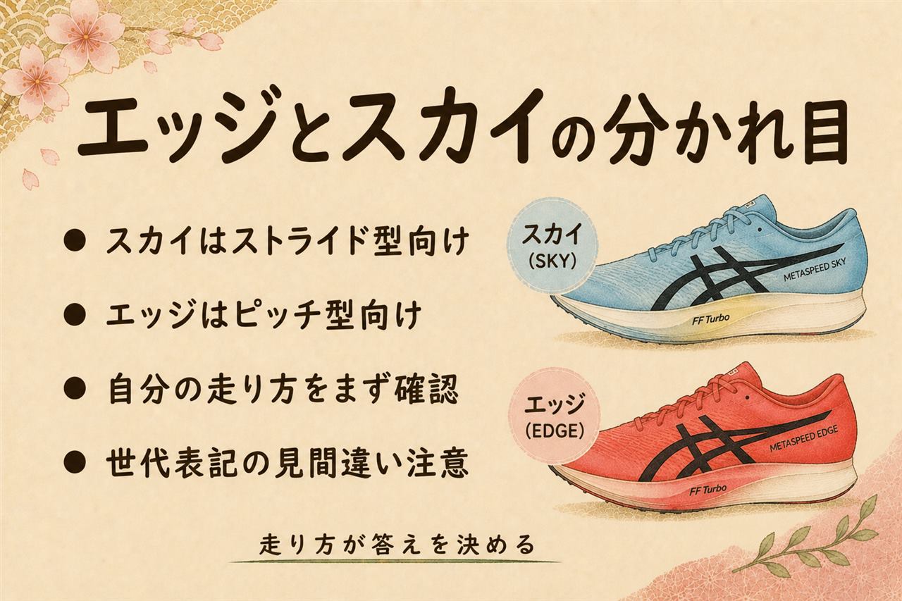 メタスピードのスカイとエッジの選び分けカード:スカイはストライド型向けで一歩の跳ねを伸ばす設計、エッジはピッチ型向けで回転を保ちやすい設計、優劣ではなく走り方の違いで選ぶ、世代の確認も忘れずに