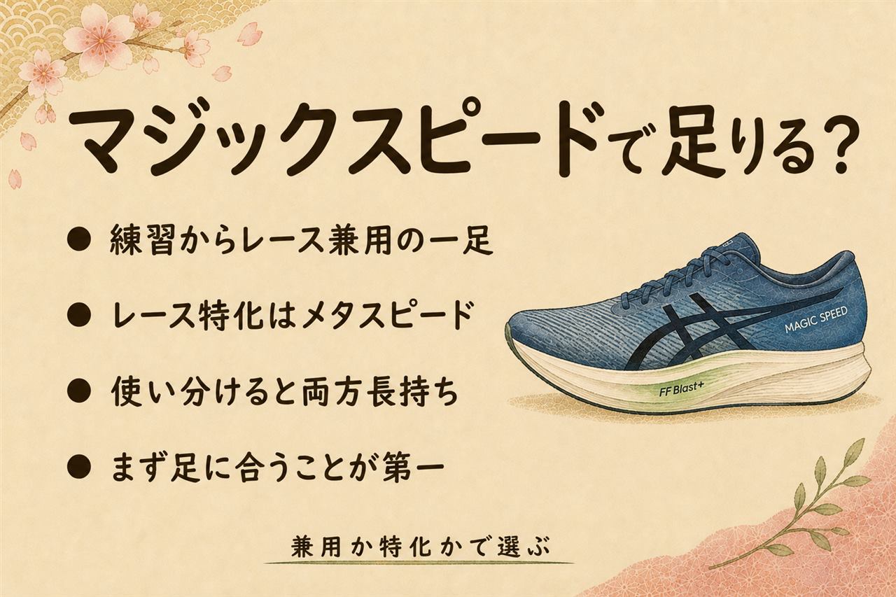 マジックスピードとメタスピードの選び方カード:2つは上下関係ではなく役割ちがい、練習もレースも1足ならマジックスピード、勝負レースで記録を狙うならメタスピード、決めきれないなら練習用と勝負用の2足使い分け、最新仕様は公式ページで確認