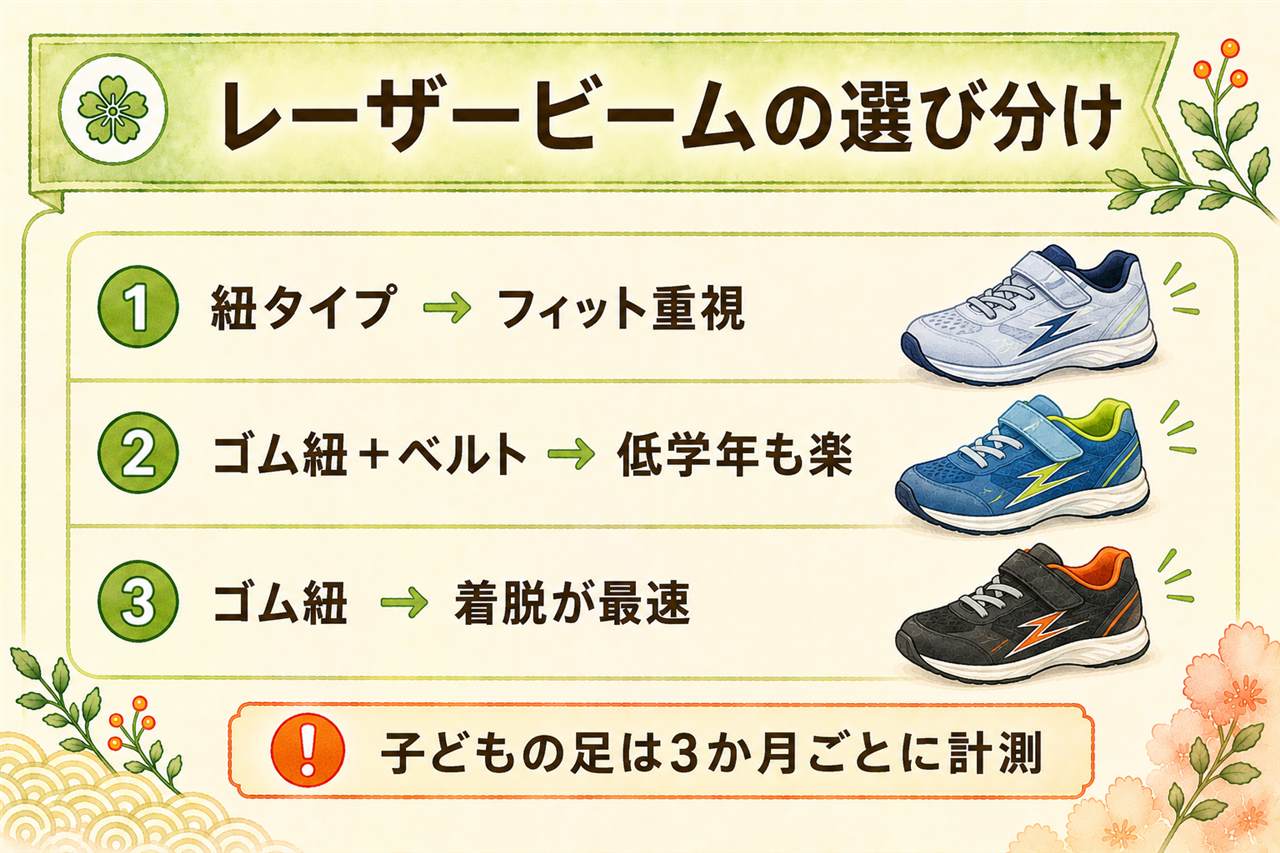 アシックスレーザービームの選び方早見カード:留め具はゴム紐+ベルト・ゴム紐・紐の3タイプで自分で履けるものを選ぶ、素材は合皮スピード系とメッシュ系とミニマル系、スクスクはキッズ全般の総称でアイダホはその中の定番モデル、計測は3か月ごとでつま先余白5mmから1cmが目安