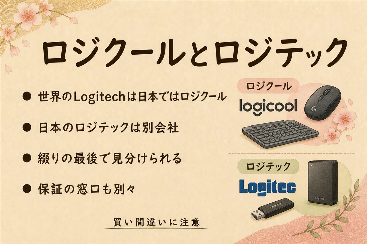 ロジクールとロジテックの見分けカード:ロジテックは世界に2つあり、スイスのLogitech社は日本ではロジクール名義、日本のロジテック(Logitec)はエレコムグループの別会社、綴りは末尾のhの有無で見分ける、保証窓口も別