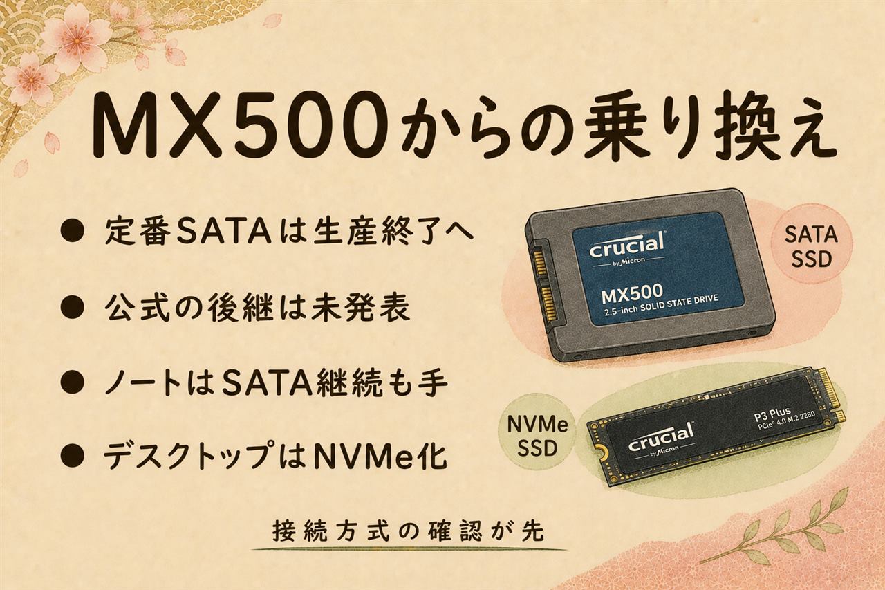 MX500からの乗り換えカード:MX500は生産終了で明確な後継は未発表、BX500は後継ではなく廉価版の弟分、M.2スロットがないPCはSATAのまま乗り換え、M.2スロットがあるPCはNVMeへ移行、どちらのルートでも作業前のバックアップは必須
