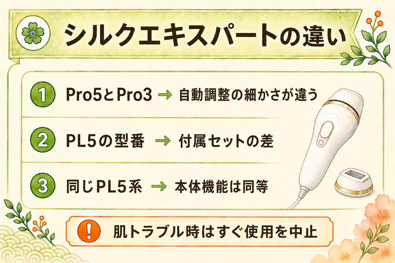 シルクエキスパートの選び方カード:PL5はPro5でPL3はPro3、続く数字は付属ヘッドとポーチのセット差、グレードで実力を決めて数字でセットを選ぶ、家庭用光美容器は医療機器ではなく肌に異常が出たら使用中止