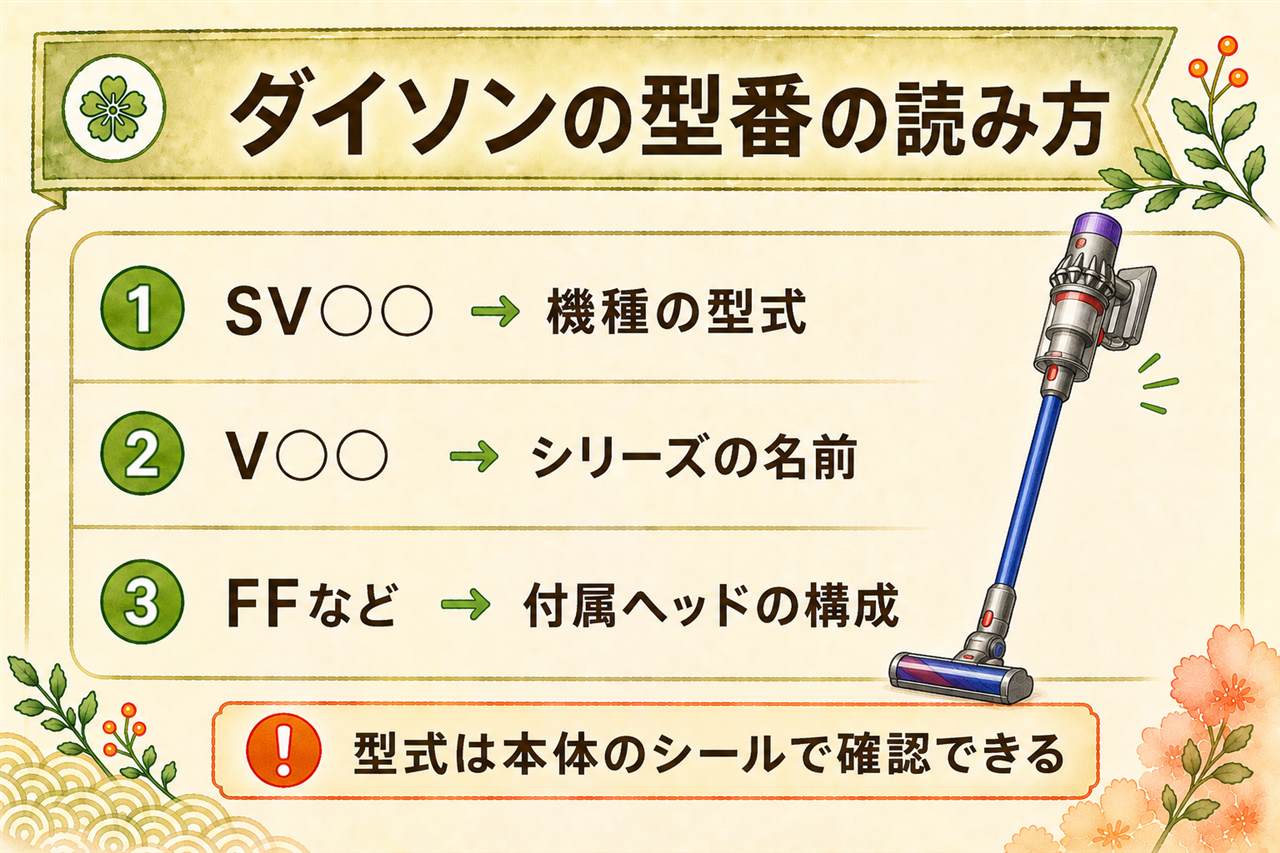 ダイソン型番の対応早見カード:SV10はV8、SV12はCyclone V10、SV14とSV15はV11、SV18はDigital Slim、SV20はV12 Detect Slim、SV22はV15 Detect。FFはFluffyヘッド、MHはMotorhead、型式は本体バッテリー底面のシールで確認