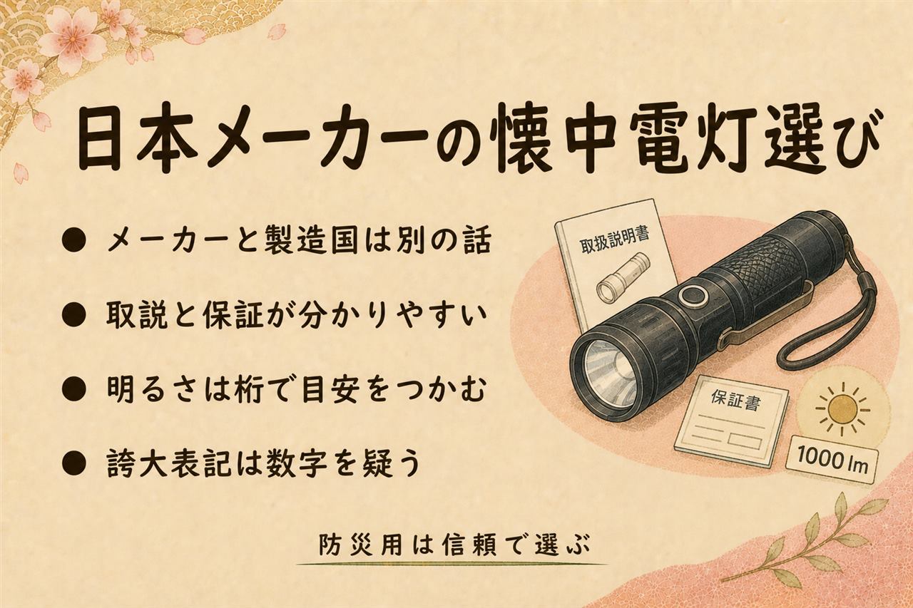 日本製で選ぶ懐中電灯カード:日本メーカーと日本製造は別の話で製造国は製品ごとに確認、日本メーカーの実利は取説・保証・電池規格、明るさはルーメンの桁と点灯時間で読む、軍用や数万ルーメン表記では選ばない、据え置き・持ち歩き・作業の用途別に1本ずつ