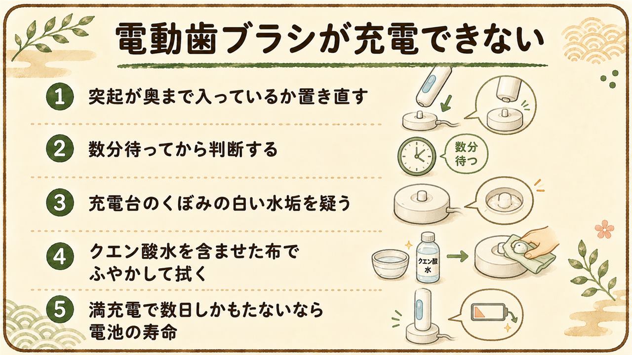 電動歯ブラシが充電できない早見カード:多くは離れたまま電気を送る方式なので位置ずれで充電されない、まず置き直して数分待ち別のコンセントでも試す、次に充電台のくぼみと本体の底の白い水垢をクエン酸水を含ませた布でふやかして拭く、削らない、満充電で数日しかもたないなら電池の寿命で目安は3から5年、分解はしない