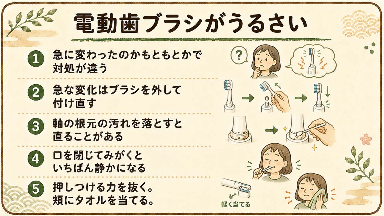 電動歯ブラシがうるさい早見カード:急に変わったのかもともと大きいのかで対処が違う、急な変化はブラシの付け直しと軸の根元の掃除と別ブラシと満充電で切り分ける、勢いが弱いのに音が大きいなら電池の劣化、もともと大きい場合は口を閉じて力を抜き頬にタオルを当て弱モードを使う、時間帯をずらすのがいちばん簡単