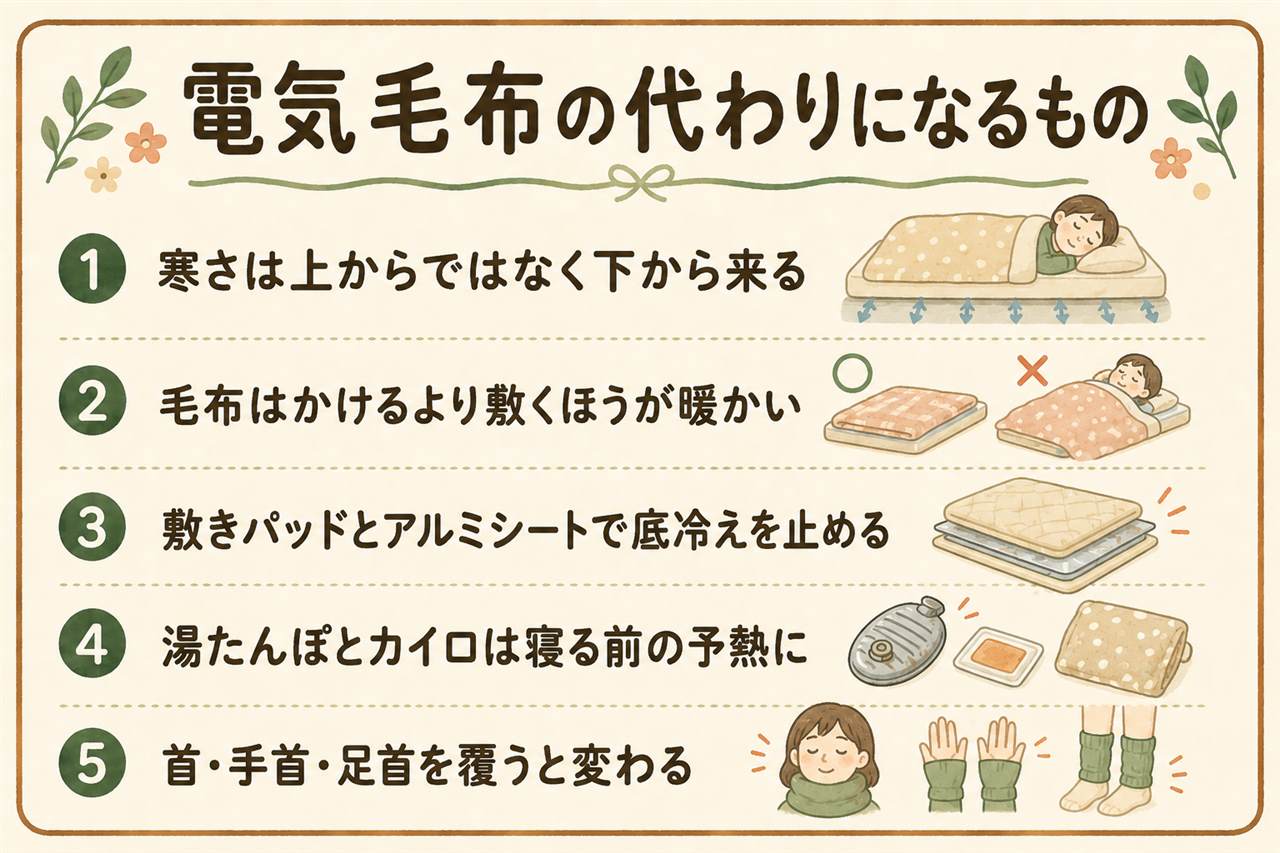 電気毛布の代わりになるものカード:まず毛布を体の下に敷く(羽毛布団の時は毛布を上に)、首・手首・足首を覆う、寝る前に寝床を温めておく、あったか敷きパッドとアルミシートは敷布団の下へ、湯たんぽは予熱に使い肌に直接当てない、電気あんかは就寝中つけっぱなしにしない