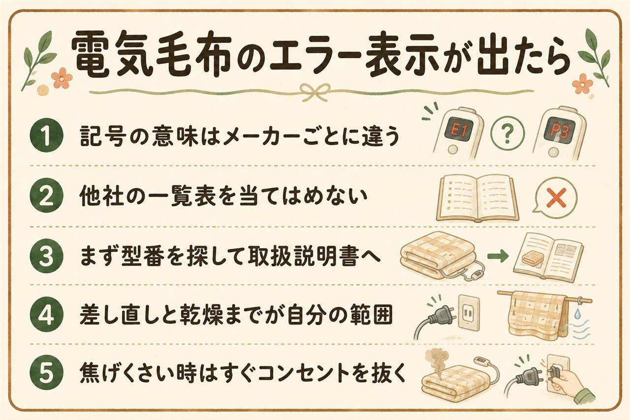 電気毛布のエラー表示レスキューカード:記号の意味はメーカーごとに違うので他社の一覧表は使わない、型番は本体タグとコントローラーの裏と保証書で探す、メーカー名と型番で取扱説明書を検索、自分で試すのはコネクタの挿し直しとコンセント直挿しと毛布を広げるまで、分解は絶対にしない、焦げくさい時はすぐ使用中止しプラグを抜く