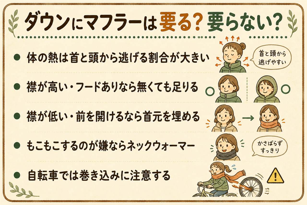 ダウンとマフラーの早見カード:首と頭からの放熱は目安3割程度、動くと冷気が入るふいご効果、判断は襟の高さとフードの有無と前の閉まり方の3点、襟が高くフード付きなら不要なこともあり、襟が浅く前を開けて着るなら首元が開いたまま、着膨れが気になるなら薄手のネックウォーマーやインナーのハイネックで巻く回数を減らす、自転車では垂れる長さのマフラーは巻き込みの危険があるので避ける