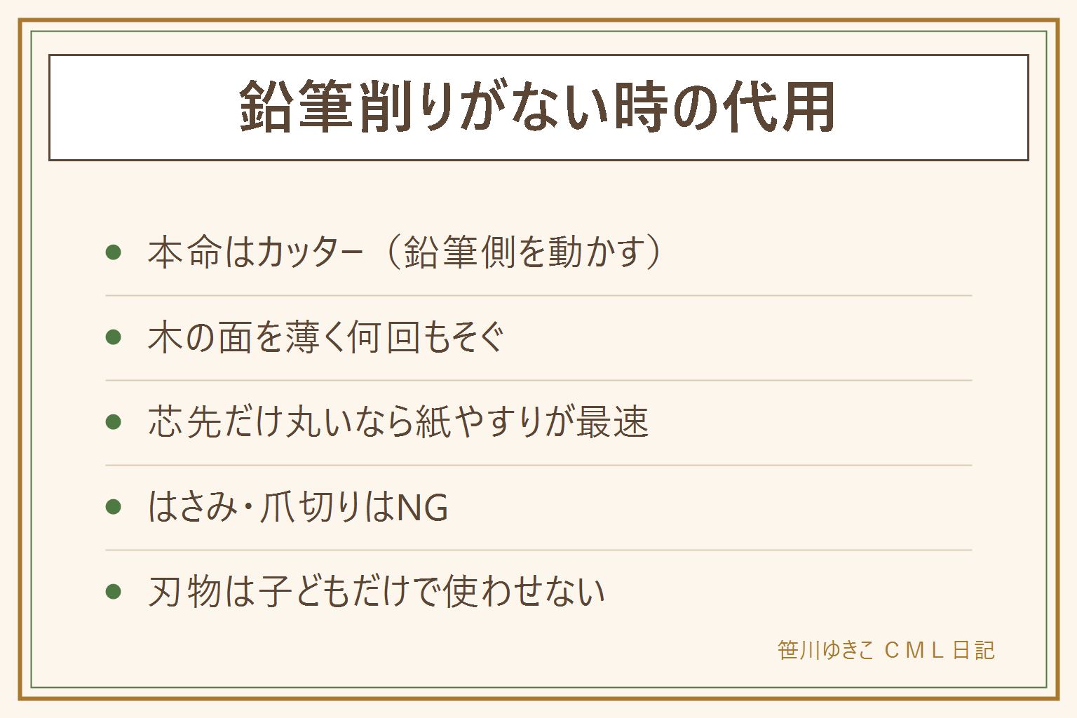鉛筆削りがない時の代用カード:本命はカッターナイフで、刃は外向きに固定気味にして鉛筆側を手前に引き、木の面を薄く何回もそぐ。彫刻刀の平刀や切り出し刀も削りやすい。芯先が丸いだけなら紙やすりに斜めに当ててくるくる回すのが最速。はさみと爪切りは非推奨、包丁は小ぶりのものを最終手段に。刃物は子どもだけで使わせず大人がそばで。筆箱に携帯鉛筆削りを常備すれば再発しない