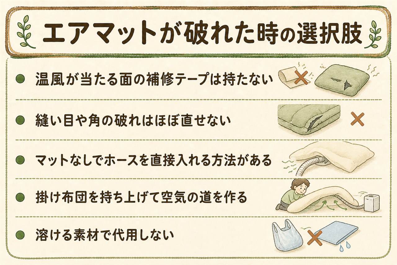 布団乾燥機のエアマット補修カード:温風が当たる面とホース差し込み口まわりは補修テープが熱で剥がれるため不可、縫い目や角は空気圧で裂けが広がるためほぼ不可、吹出口から離れた平らな面の小さな穴だけ熱に強いテープを表裏から貼って延命できることがある、マットなしなら敷き布団を二つ折りにしクッションで掛け布団を持ち上げる、ポリ袋やレジャーシートは約100度で軟化し吹出口に貼り付いて故障や発火の原因、吹出口と吸込口はふさがない