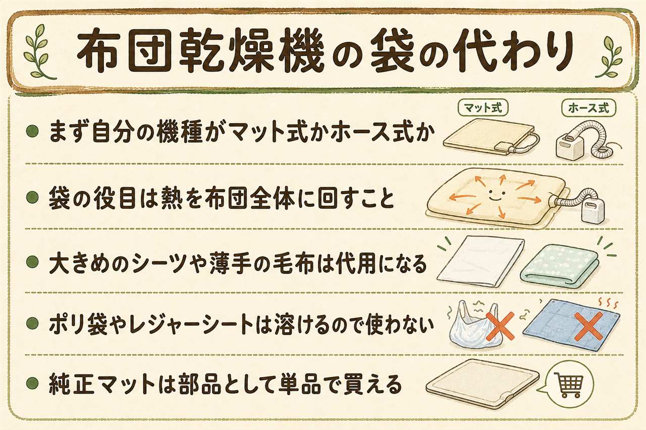 布団乾燥機の袋の代用カード:使えるのは綿のシーツ・薄手の毛布・掛け布団カバーなど洗濯機で洗える布、使えないのはポリ袋・ゴミ袋・圧縮袋・レジャーシート・ラップなどフィルム状の樹脂、ポリ袋は約100度で軟化して機器に貼り付き故障や発火の原因、ホース直挿し式はそもそも袋が不要、吹出口と吸込口はふさがない