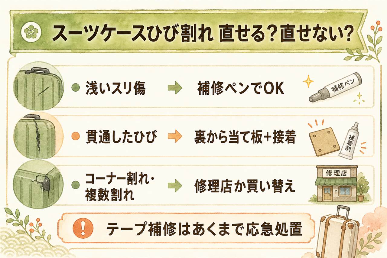 スーツケースひび割れ補修の早見カード:テープは応急処置で脱脂してから直角貼り、本命は裏から当て板とエポキシ接着、コーナー割れと複数割れは自分で直さない、預け入れ破損は空港を出る前に申告