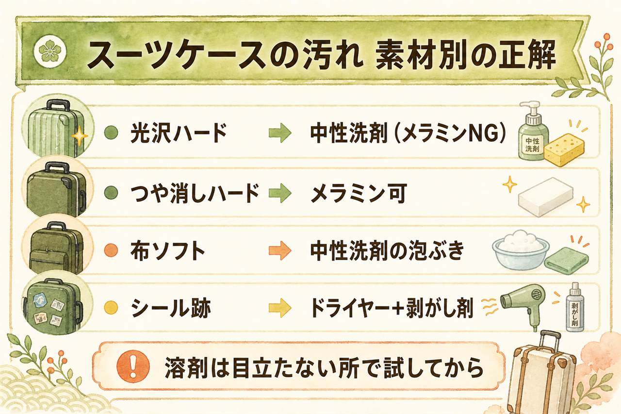 スーツケース汚れ落としの早見カード:基本は薄めた中性洗剤、メラミンスポンジはつや消し面のみで光沢面NG、シール跡はドライヤーで温めてから、溶剤系は目立たない所で試す、ソフトケースは泡で叩いて日陰乾燥