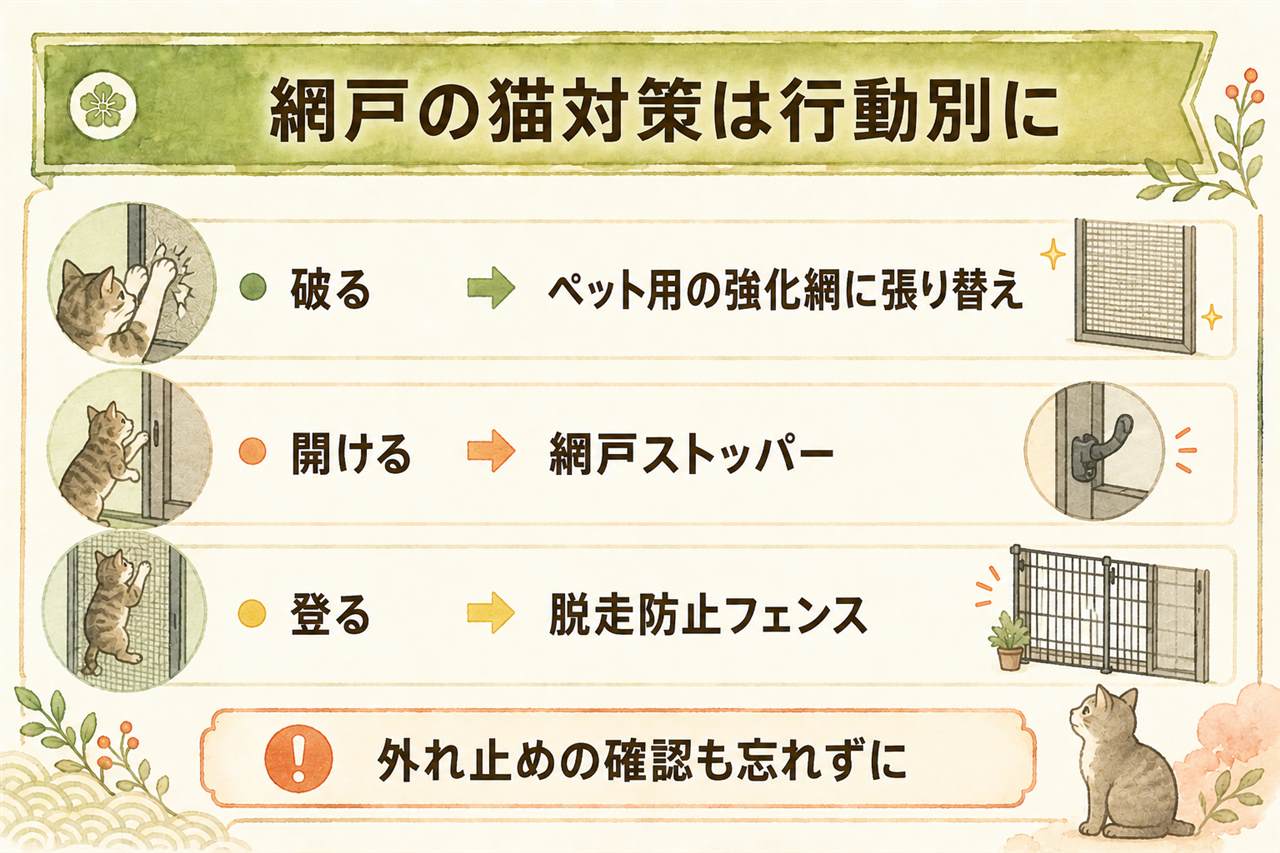 網戸の猫対策カード:登る子にはペット用強化網の張り替え、開ける子には網戸ストッパーを猫の手が届かない高さに、体当たりする子には突っ張り式脱走防止フェンス、外れ止めの点検は0円で今日できる、脱走と転落は命に関わる