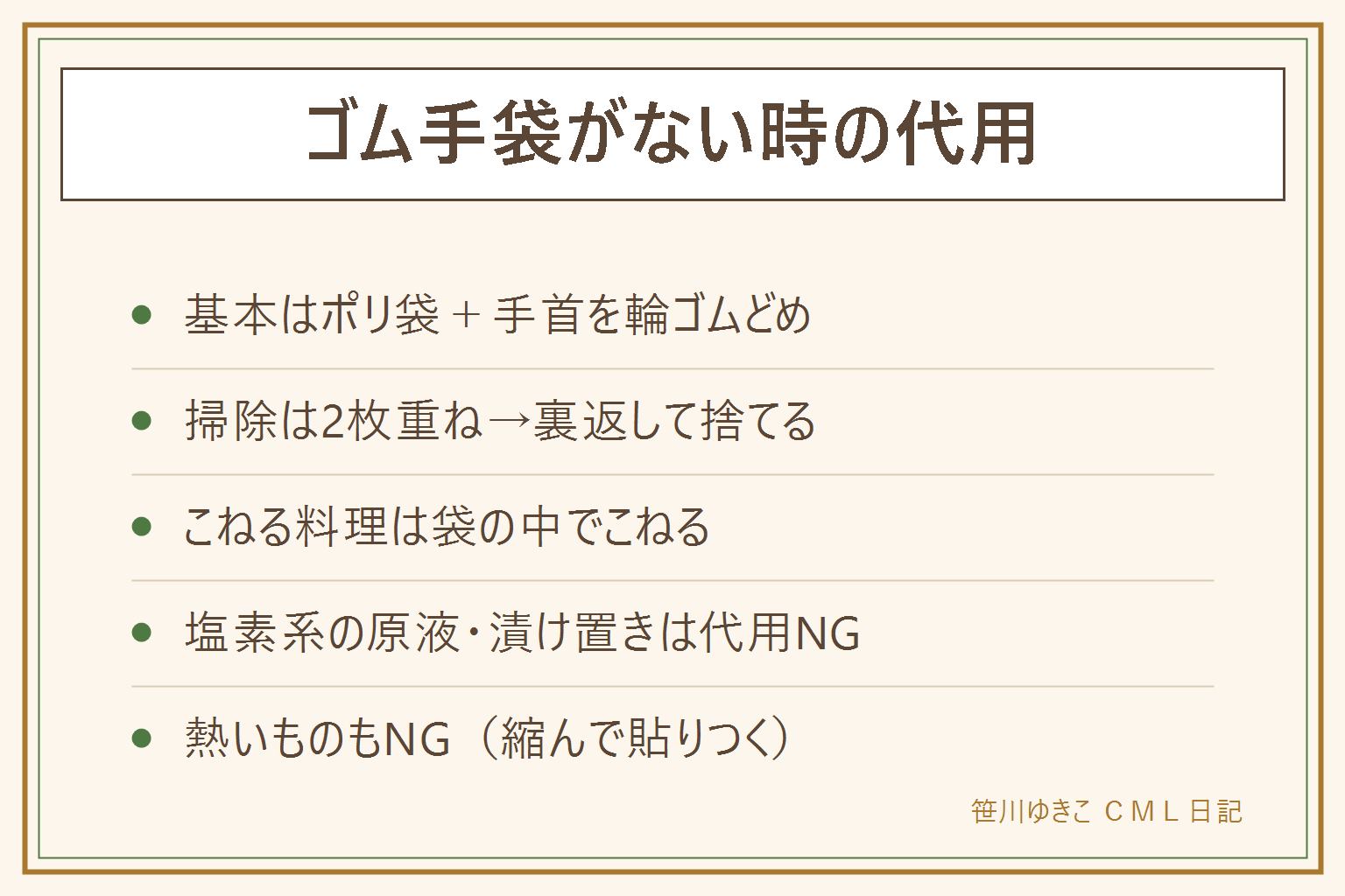 ゴム手袋の代用の早見表:基本はポリ袋に手を入れて手首を輪ゴムでとめる。掃除は2枚重ねで裏返して捨てる。料理はポリ袋の中でこねる。髪染めは爪にワセリンを先に塗る。塩素系漂白剤と熱いものへの代用はNG。よく使うなら使い捨てポリエチレン手袋を常備