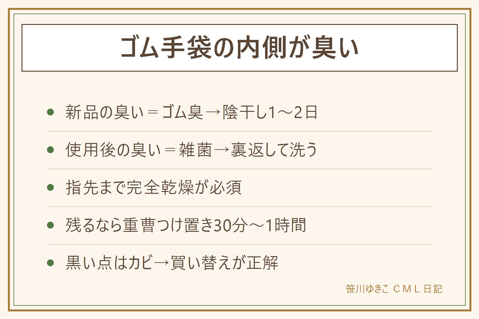 ゴム手袋の内側が臭い時の早見表:新品から臭うならゴム臭で陰干し1〜2日。使い込んで臭うなら雑菌臭で裏返して中性洗剤で洗い指先まで完全乾燥。残るなら重曹つけ置き。塩素系の長時間つけ置きは劣化と有毒ガスのリスク。内側の黒い点はカビで買い替え。予防は綿手袋インナーと2組ローテーション