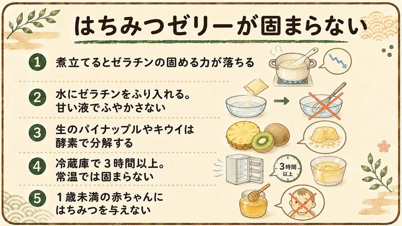 はちみつゼリーが固まらない早見カード:原因は煮立てた・ふやかし不足・生の果物の酵素・冷やし方の四つ、火を止めてからゼラチンを加え沸騰させない、水にゼラチンをふり入れ甘い液でふやかさない、生のパイナップルやキウイは加熱するか缶詰を使う、冷蔵庫で3時間以上、1歳未満の赤ちゃんにはちみつを与えない加熱しても安全にならない