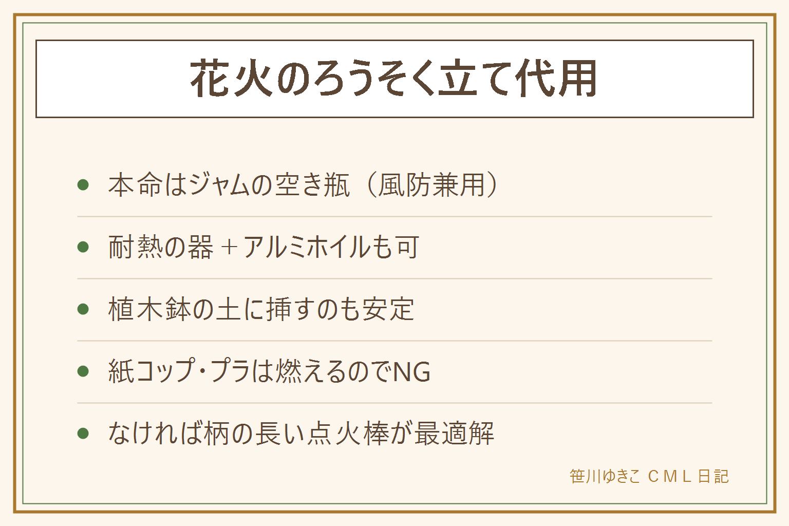 花火のろうそく立て代用早見表:本命はジャムの空き瓶かガラスコップで風よけと転倒防止を兼ねる。耐熱の器にアルミホイル、植木鉢の土に挿すのも可。紙コップとプラと発泡スチロールは燃えるのでNG。ろうそくがなければ柄の長い点火棒。消火バケツとセットで強風の夜は中止