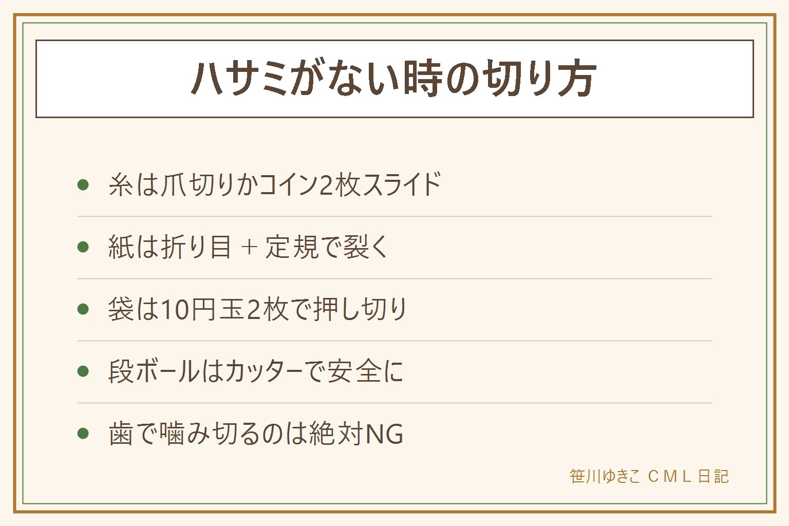 ハサミがない時の代用カード:糸は爪切りが本命で、出先ではコイン2枚で糸をはさんで互い違いにスライドすると切れる、糸はピンと張るのがコツ。紙は両方向に折り目を強く付けて定規を当てたまま裂くとほぼ直線に切れる。お菓子の袋やレトルトは10円玉2枚でフチをはさんでずらすように押し切るか、鍵のギザギザで切り込みを入れる。段ボールはカッターで刃を体の外に向けて。歯で噛み切るのは詰め物が欠けるので絶対にやらない