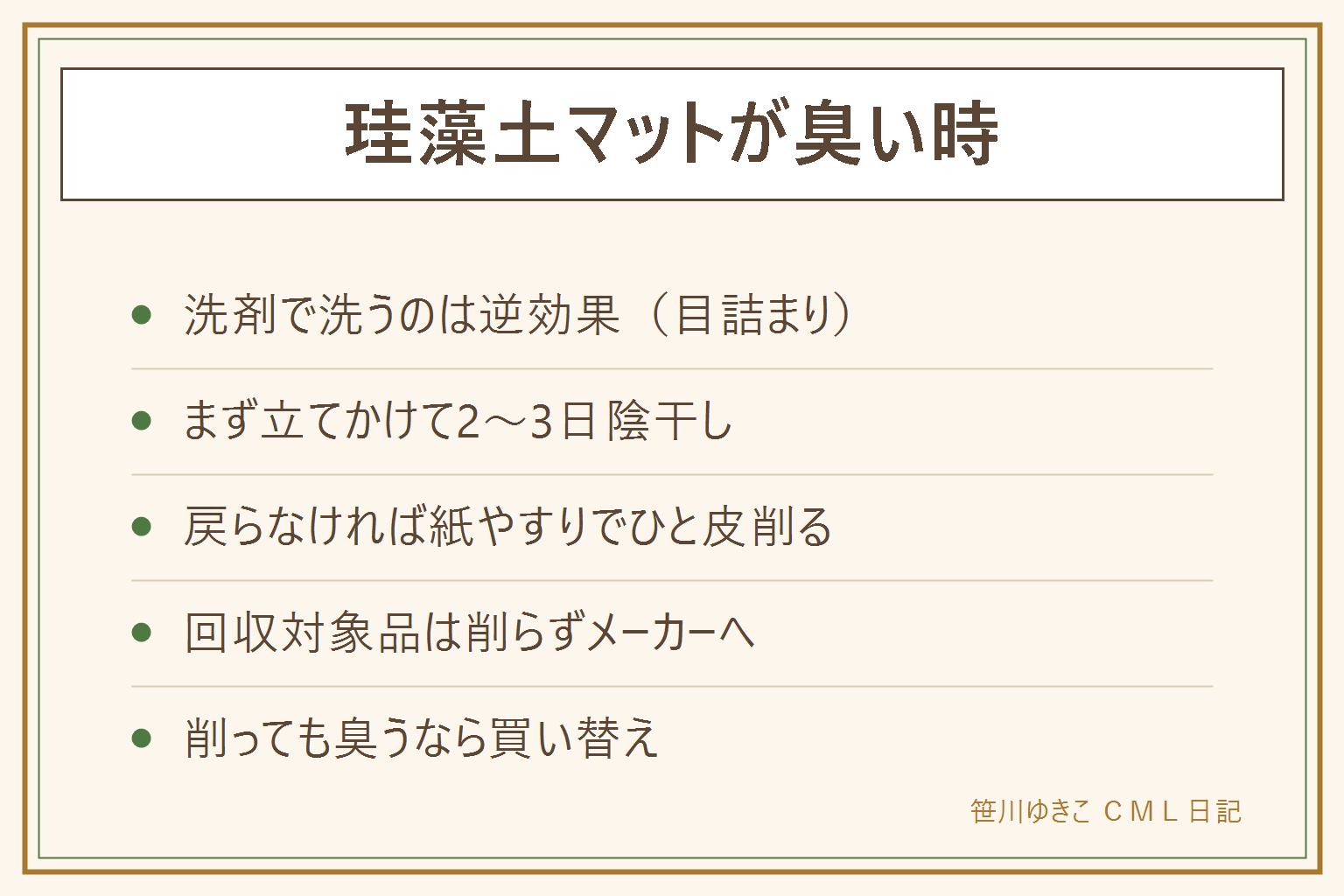 珪藻土マットの臭い対策カード:臭いの正体は表面の穴に皮脂や石けんカスが詰まって湿ったままになること。洗剤で洗うのは詰まりが進むのでNG。まず風通しのよい日陰で立てかけて2〜3日乾かす、戻らなければ紙やすり180〜320番で一方向にひと皮削って粉を取り除く。作業前にアスベスト回収対象品でないか確認、削っても臭いやカビが戻るなら買い替え