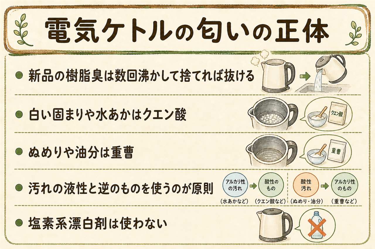 電気ケトルのにおい早見カード:新品のツンとした樹脂臭は水を沸かして捨てるを2〜3回で洗剤不要、白い固まりや水垢はアルカリ性のミネラル汚れなのでクエン酸や酢の酸性で中和、ぬめりや生ぐささは酸性の汚れなので重曹のアルカリ性で洗い完全に乾かす、原則は汚れの液性と逆のものを使う、クエン酸と重曹の同時使用は中和して効果が消える、塩素系漂白剤は使わない、空焚きは機種によっては禁止