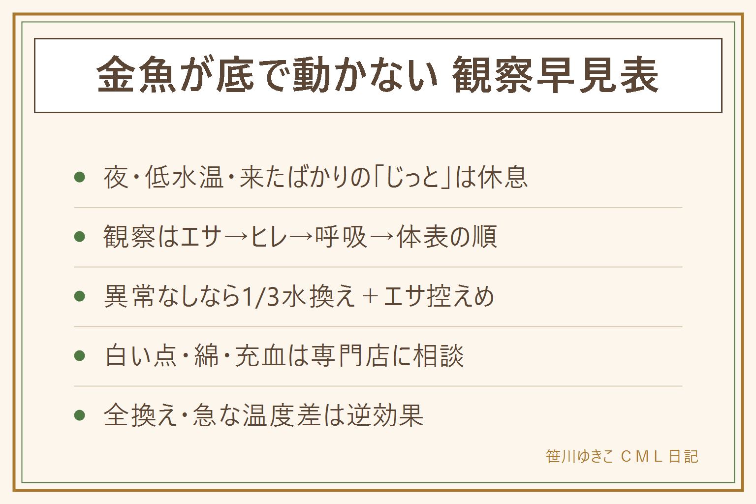 金魚が底で動かない時の早見表:夜や水温低下や来たばかりは自然な休息。観察はエサの反応、ヒレ、呼吸、体表の順。異常がなければ3分の1の水換えとエサ控えめ。白い点や綿や充血は観察メモを持って専門店へ。全換えと急変はNGで変化は段階的に