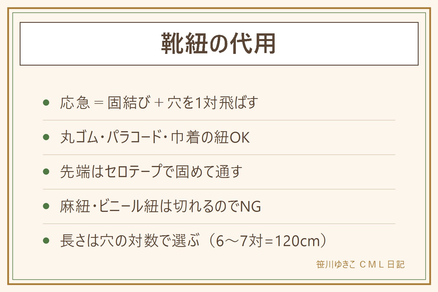 靴紐の代用早見表:応急は固結びでつないで穴を1対飛ばす。家の代用は丸ゴム・パラコード・巾着の紐が使え、先端をセロテープで固めると通しやすい。麻紐とビニール紐は強度不足で避ける。買うならダイソーの靴紐か結ばない靴紐。長さは穴4から5対で90から100センチ、6から7対で120センチ前後、8対以上で140センチから